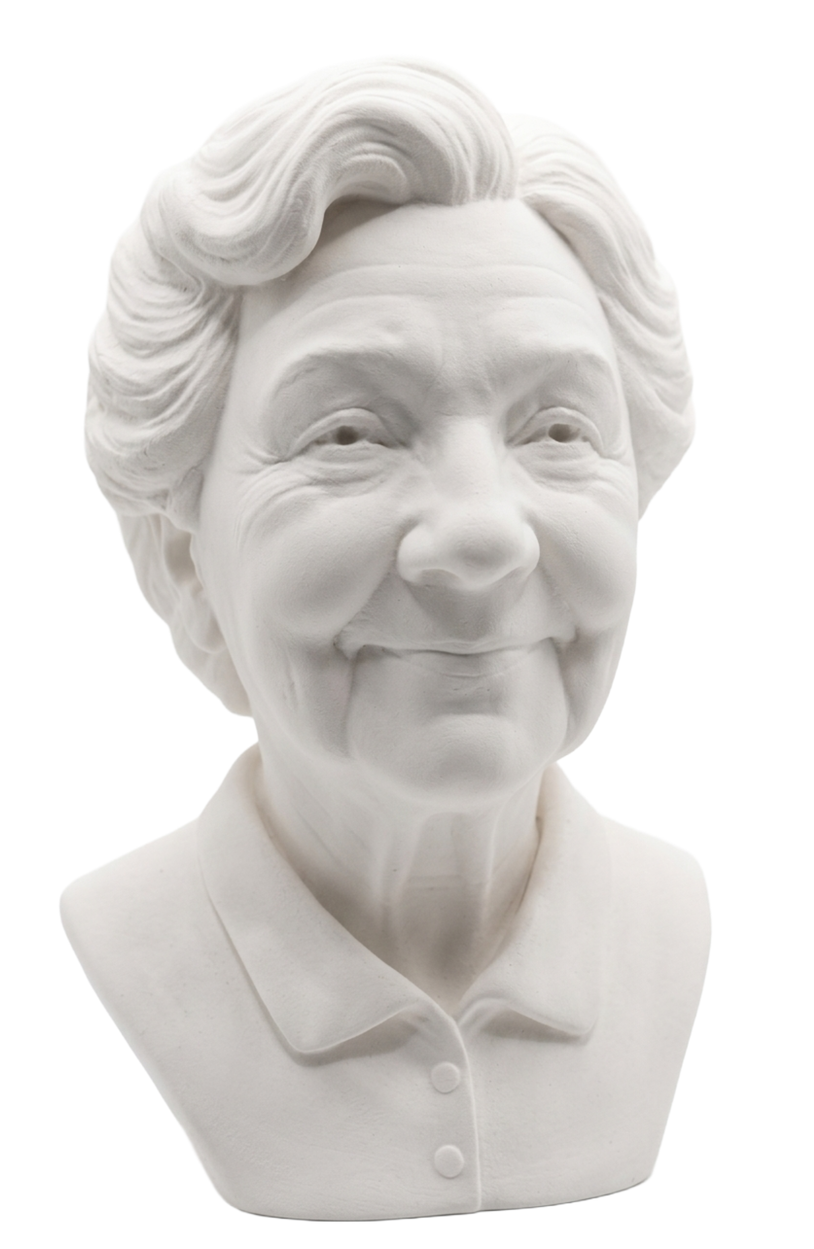 A portrait bust hand-finished in matte white PLA