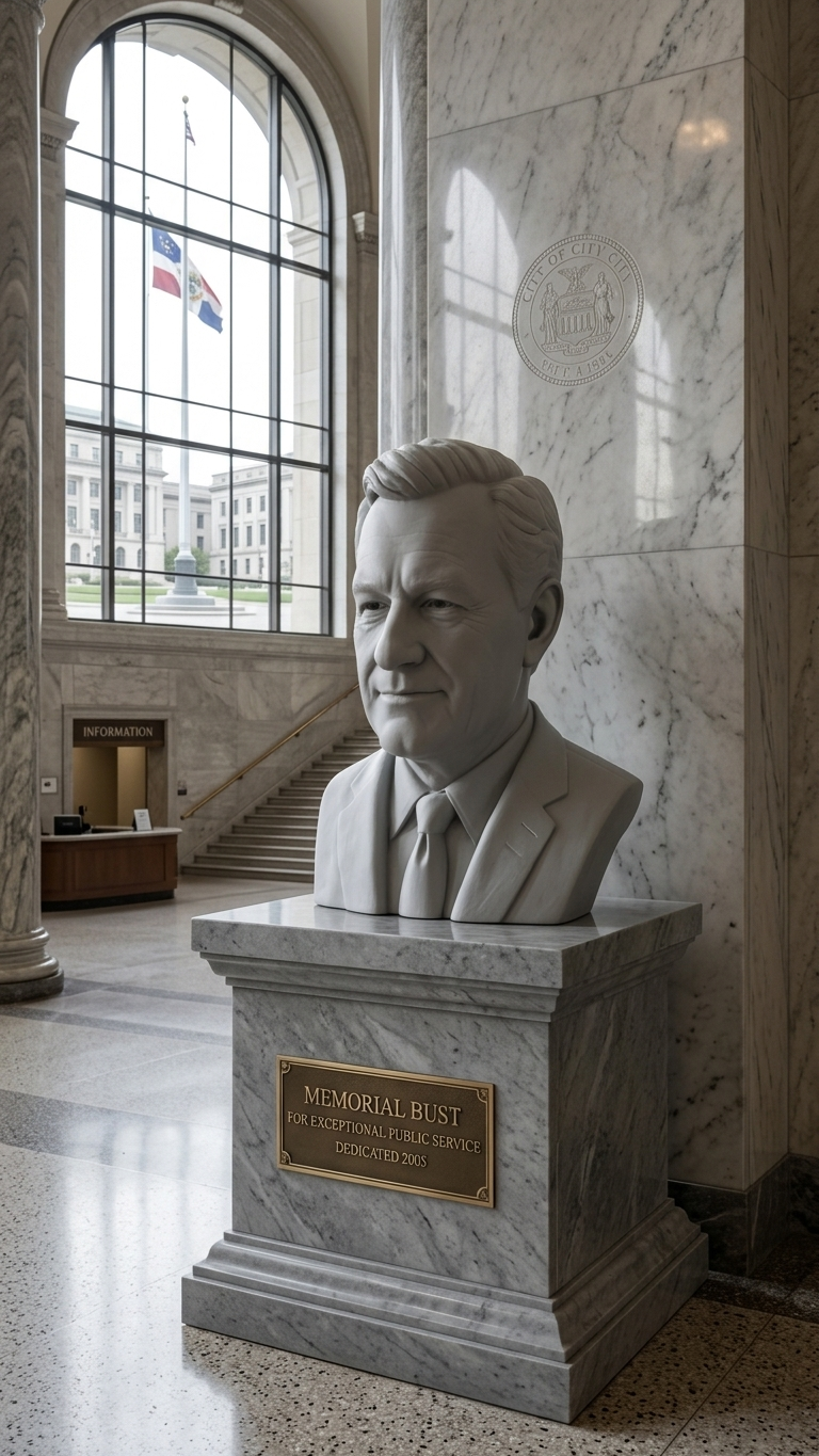 A memorial portrait bust displayed on a plinth in a marble hall