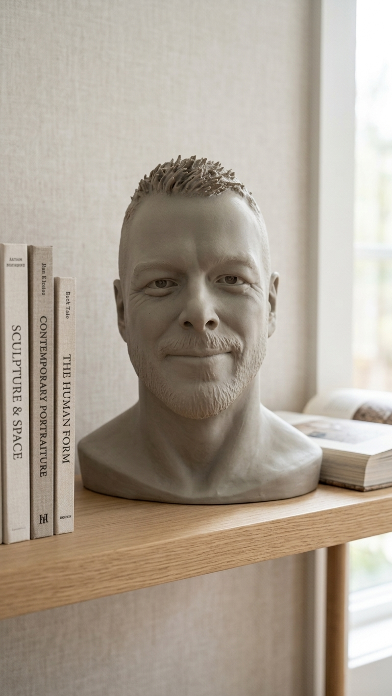A four-view sculptural study of a portrait bust of a woman by Bustea