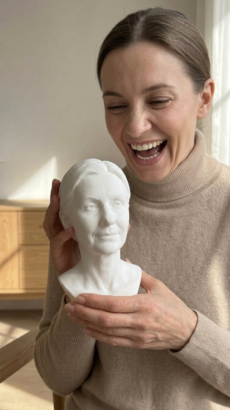 A woman laughing with delight as she holds her custom portrait bust