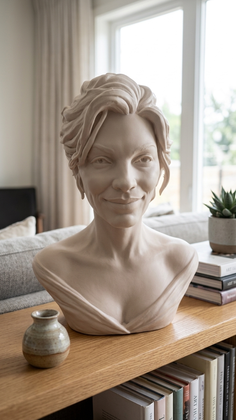 A portrait bust of a man displayed beside design books