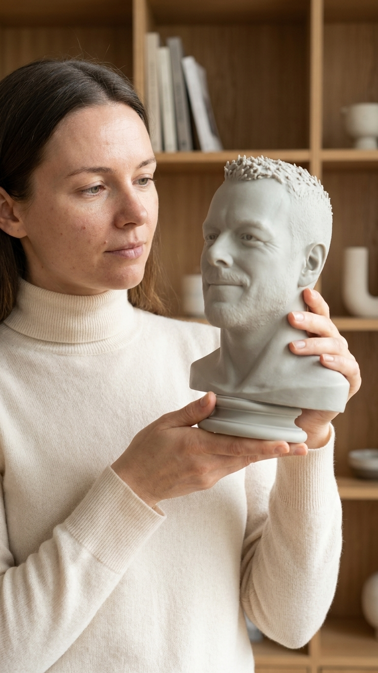 A portrait bust of a young woman styled on an oak console