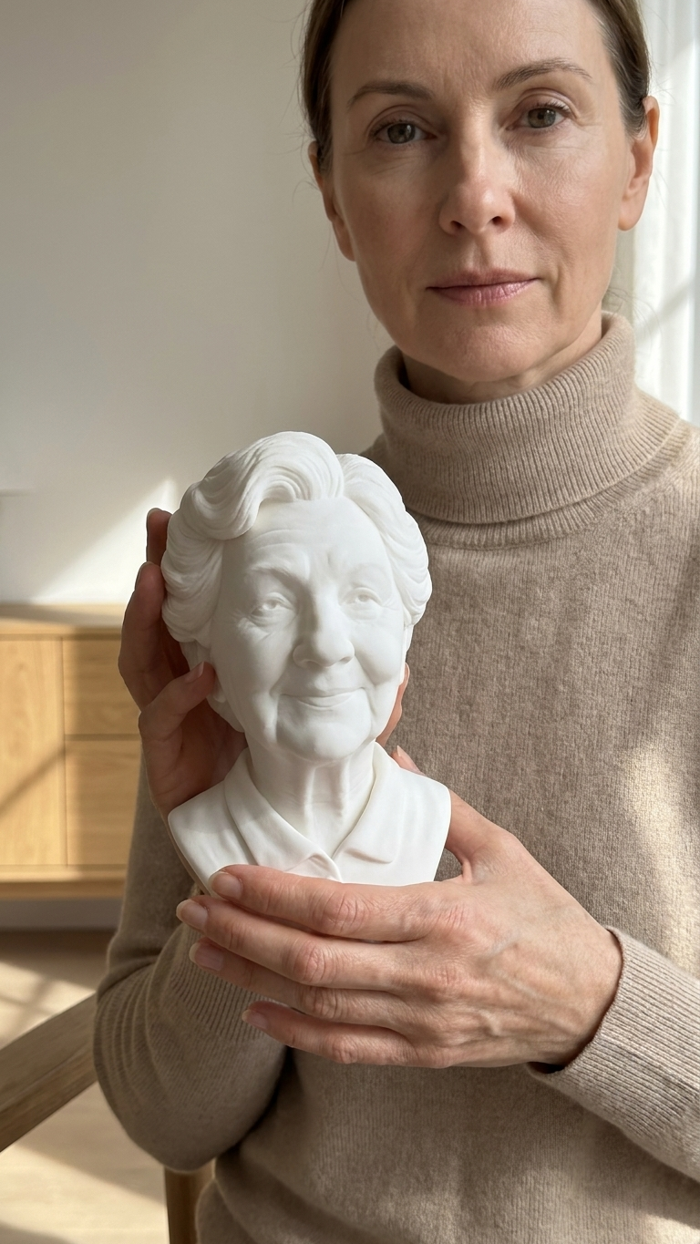 A portrait bust of an older woman in a bright interior